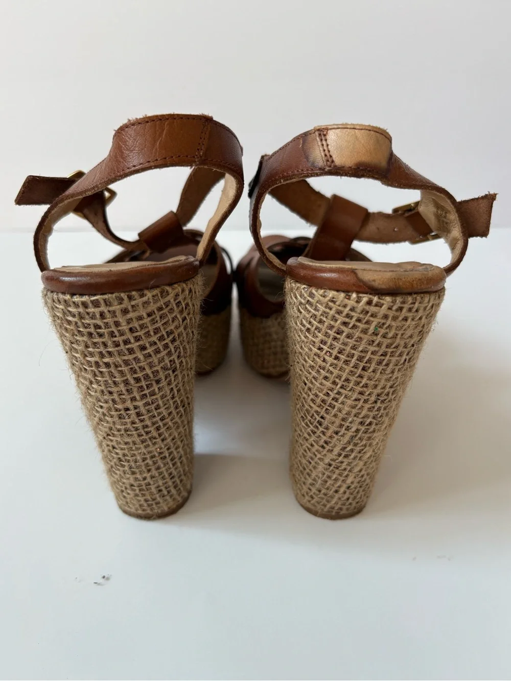 Anthropologie Brown Leather Woven Platform Sandals 7 T-Strap Preppy Academia